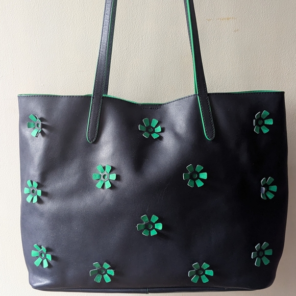 Talbots Navy Blue  Womens Shoulder / Tote Bag with Green Floral Cute Accents - Picture 1 of 11
